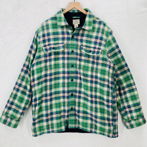 LL Bean Shacket Mens Large Regular Fleece Lined Green Plaid Flannel Shirt Jacket - Picture 1 of 13